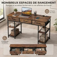 HOMCOM Bureau avec rangement avec prises de courant, 3 tiroirs en tissu et 4 étagères de rangement, 120 x 40 x 76 cm, marron(m-4)