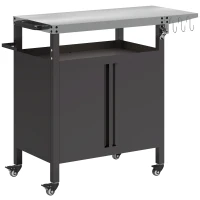 Outsunny Grillwagen – 3-laags inklapbare serveerwagen met werkblad, kast, haken en wielen, BBQ-tafel van roestvrij staal, buitenrolwagen, houtskoolgrill voor tuin, 116x50x93 cm, zwart(m-1)