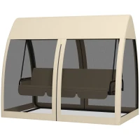 Outsunny 3-persoons terras-schommel, veranda-schommel met bedfunctie, Hollywoodschommel met muskietennet en stalen frame, Koffie(m-10)