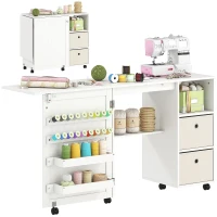 HOMCOM Mesa de Costura Dobrável com 6 Rodas Móvel para Máquina de Costura com 18 Pinos para Linhas 2 Gavetas 146,4x40x77,5 cm Branco(m-10)