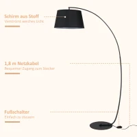 HOMCOM Stehlampe, Gebogene Stehleuchte mit Stoffschirm, Bodenlampe mit runder Basis, Metall, 105L x 47B x 190H cm, Schwarz(m-5)