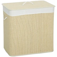 HOMCOM Coș pentru Rufe din Bambus cu Capac, 144L, 3 Compartimente, Sac Detașabil și Lavabil, Mânere, Crem(m-10)