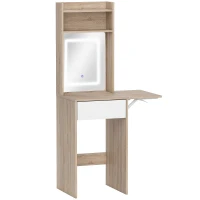 HOMCOM Small Vanity Desk with Mirror and LED Lights, Compact Dressing Table with Drop Leaf, Open Shelves, Natural Wood(m-1)