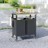 Outsunny Grillwagen – 3-laags inklapbare serveerwagen met werkblad, kast, haken en wielen, BBQ-tafel van roestvrij staal, buitenrolwagen, houtskoolgrill voor tuin, 116x50x93 cm, zwart(m-3)