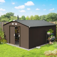 Outsunny Geräteschuppen, Wetterfestes Gartenhaus für Gartengeräte, mit Belüftungsfenstern, Schiebetüren, Stahl, Braun(m-2)