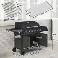 Outsunny Fahrbarer Gasgrill mit Stauraum, Seitentisch, Seitenbrenner, Warmhalterost, Thermometer, Edelstahl, Schwarz(m-3)