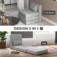 HOMCOM Fotoliu Pat Pliabil de Podea cu 3 Secțiuni Economisitor de Spațiu, din Material Textil, 80x75x74 cm, Gri(m-7)