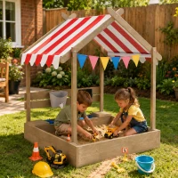 Outsunny House-Designed Wooden Sandbox, Outdoor Sandpit, with Blackboard, Toys, Sink, Seats, Flags, for Ages 3-7 Years - Grey(m-2)