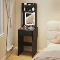 HOMCOM Small Vanity Desk with Mirror and LED Lights, Compact Dressing Table with Drop Leaf, Open Shelves and Drawer, Black(m-2)