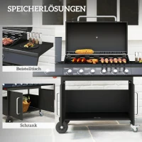 Outsunny Fahrbarer Gasgrill mit Stauraum, Seitentisch, Seitenbrenner, Warmhalterost, Thermometer, Edelstahl, Schwarz(m-6)