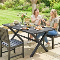 Outsunny Mesa de Comedor de Jardín para 6 Personas con Superficie de HDPE de Listones Estructura Metálica 150x90x74 cm Negro(m-7)