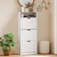 HOMCOM Sapateira Estreita com 3 Gavetas Rebatíveis Prateleiras Ajustáveis e Compartimento Aberto Capacidade para 12-18 Pares Branco(m-10)