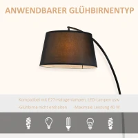 HOMCOM Stehlampe, Gebogene Stehleuchte mit Stoffschirm, Bodenlampe mit runder Basis, Metall, 105L x 47B x 190H cm, Schwarz(m-6)