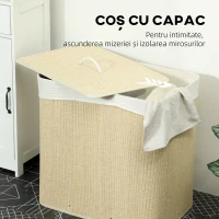 HOMCOM Coș pentru Rufe din Bambus cu Capac, 144L, 3 Compartimente, Sac Detașabil și Lavabil, Mânere, Crem(m-5)