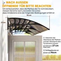 Outsunny Afdak voor voordeur/raam, weerbestendig, bruin, aluminium verbindingsstangen/polycarbonaat, 303x96x27 cm, zwart(m-7)