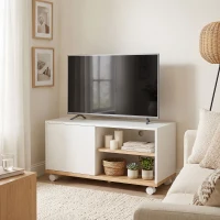 HOMCOM TV-meubel op wielen met remmen, tv-meubel met kast en verstelbare plank, wit en eiken(m-9)
