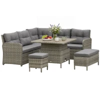 Outsunny 7 Seater Rattan Garden Furniture Set, 6 Piece Patio Dining Set with Liftable Coffee Table and Soft Padded Cushion, Wicker Sectional Conversation Corner Sofa, 123 x 55 x 84 cm, Grey(m-11)