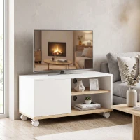 HOMCOM TV-meubel op wielen met remmen, tv-meubel met kast en verstelbare plank, wit en eiken(m-10)