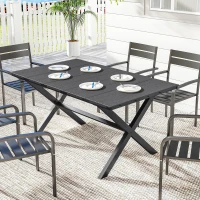 Outsunny Mesa de Comedor de Jardín para 6 Personas con Superficie de HDPE de Listones Estructura Metálica 150x90x74 cm Negro(m-10)