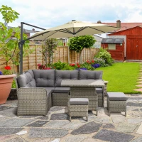 Outsunny 7 Seater Rattan Garden Furniture Set, 6 Piece Patio Dining Set with Liftable Coffee Table and Soft Padded Cushion, Wicker Sectional Conversation Corner Sofa, 123 x 55 x 84 cm, Grey(m-9)