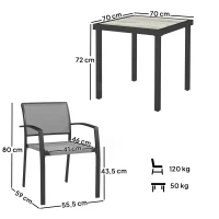 Outsunny 3-delig eetset, buitentafel in houtlook, 2 stoelen, weerbestendig, stalen frame, terrasmeubels, Grijs(m-3)