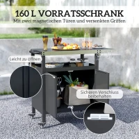Outsunny Grillwagen – 3-laags inklapbare serveerwagen met werkblad, kast, haken en wielen, BBQ-tafel van roestvrij staal, buitenrolwagen, houtskoolgrill voor tuin, 116x50x93 cm, zwart(m-5)