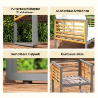 Outsunny 4-teiliges Gartenmöbel-Set, 2 Sessel, 1 Sofa, 1 Kaffeetisch, Sitzkissen, Akazienholz, Stahlgestell, Grau+Beige(m-7)