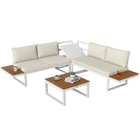 Outsunny Juego de Muebles de Terraza Incluye 2 Sofás Dobles 1 Sofá Esquinero Reclinable y Mesa de Centro con Cojines Crema(m-11)