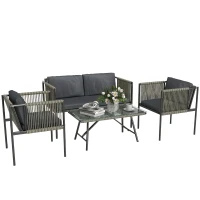 Outsunny 4-teiliges Gartenmöbel-Set, 1 Sofa, 2 Sessel, 1 Tisch mit Glasplatte, Kissen, Stahlrahmen, Kunststoff-Rattan, Grau(m-10)