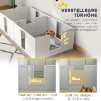 PawHut Werpkist voor puppy's, hondenren, puppyren met antislip vloerglijders en deur, houten honden werpkist, puppyren voor middelgrote honden, 196 x 96 x 48 cm, wit(m-4)