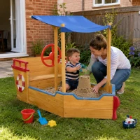 Outsunny Sand Pit, Kids Wooden Sandbox Pirate Ship, Sandboat Play Station with Canopy Shade, Storage Bench and Bottom Liner for Outdoor Garden(m-2)