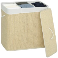 HOMCOM Coș pentru Rufe din Bambus cu Capac, 144L, 3 Compartimente, Sac Detașabil și Lavabil, Mânere, Crem(m-11)