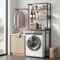 HOMCOM Mobile Sopra Lavatrice a 3 Ripiani con Barra Appendiabiti, in Legno e Acciaio, 67x40x161.8 cm, Marrone e Nero(m-10)