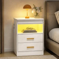 HOMCOM Nachttisch, Beistelltisch mit Ladestation und RGB-LED-Beleuchtung, Hochglanz Weiß(m-8)