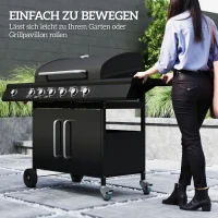 Outsunny Fahrbarer Gasgrill mit Stauraum, Seitentisch, Seitenbrenner, Warmhalterost, Thermometer, Edelstahl, Schwarz(m-8)