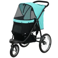 PawHut Hundebuggy, Haustierwagen für kleine Hunde und Katzen, mit Aufbewahrungskorb, Ein-Klick-Faltdesign, Türkis(m-10)
