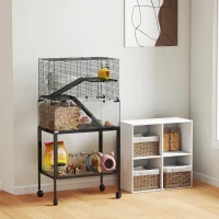PawHut Hamsterkäfig, Kleintiergehege mit 3 Ebenen, Laufrad, Hütte, Plattformen, Rampen, Futterschale, Wasserflasche, Zubehör, Stahl, Kunststoff, Schwarz(m-10)