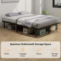 HOMCOM 4ft6 Double Bed Frame, Metal Platform Bed Frame with 2 x 14 Wood Slats, No Box Spring Needed, Underbed Storage, Black(m-5)