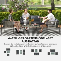 Outsunny 4-teiliges Gartenmöbel-Set, 1 Sofa, 2 Sessel, 1 Tisch mit Glasplatte, Kissen, Stahlrahmen, Kunststoff-Rattan, Grau(m-4)