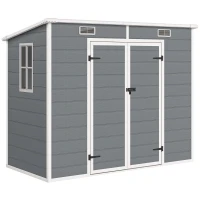 Outsunny 2,4 x 1,3 m Gartenschuppen, Kunststoff-Gartenhaus mit Boden, Fenster, verschließbare Türen, für Garten, Terrasse, Grau(m-1)