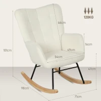 HOMCOM Schaukelstuhl in Vliesoptik mit Armlehnen, Ergonomischer Sessel mit Holzkufen, für Wohnzimmer, Schlafzimmer, Weiß(m-3)
