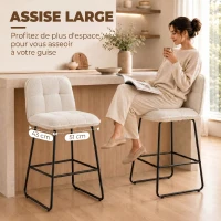 HOMCOM Lot de 2 Tabourets de Bar, Chaises de Bar Rembourrées en Tissu Bouclette, Extra-Large Assise 66H cm, Crème(m-5)
