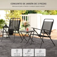 Outsunny Conjunto de 3 Piezas Mesa con Encimera de Cristal y Sillas Plegables con Respaldo Regulable para Terraza Exterior Negro(m-7)