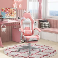 HOMCOM Cadeira Gaming com Orelhas Cadeira Gamer Reclinável com Altura Ajustável e Suporte Lombar 65x62x116-124 cm Rosa e Branco(m-11)