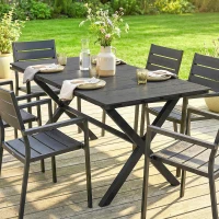 Outsunny Mesa de Comedor de Jardín para 6 Personas con Superficie de HDPE de Listones Estructura Metálica 150x90x74 cm Negro(m-9)