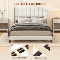 HOMCOM Cama 135x190 cm con Almacenaje Inferior Tapizada y Cabecero Acolchado con Orejas Beige(m-5)
