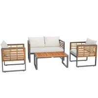 Outsunny 4-teiliges Gartenmöbel-Set, 2 Sessel, 1 Sofa, 1 Kaffeetisch, Sitzkissen, Akazienholz, Stahlgestell, Grau+Beige(m-1)