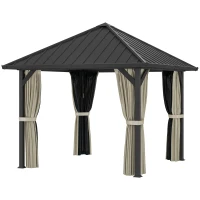Outsunny 3 x 3 m harddak-paviljoen, tuinpaviljoen met metalen dak, waterbestendige tuintent met net en zijwanden, donkergrijs(m-10)