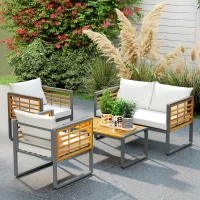 Outsunny 4-teiliges Gartenmöbel-Set, 2 Sessel, 1 Sofa, 1 Kaffeetisch, Sitzkissen, Akazienholz, Stahlgestell, Grau+Beige(m-9)