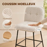 HOMCOM Lot de 2 Tabourets de Bar, Chaises de Bar Rembourrées en Tissu Bouclette, Extra-Large Assise 66H cm, Crème(m-6)